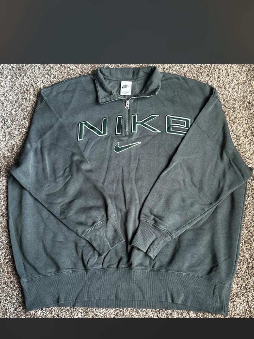 Nike womans Quarter-Zip Sweatshirt in Dark Green with Embroidered Logo